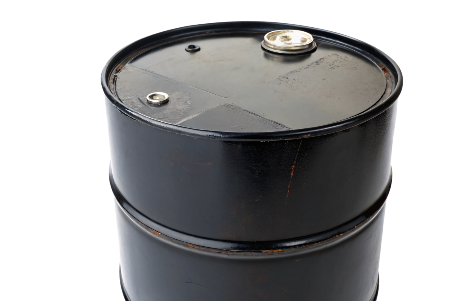 A close-up view of a black drum with dual openings, highlighting its durable design and slight rust spots for a vintage industrial look png