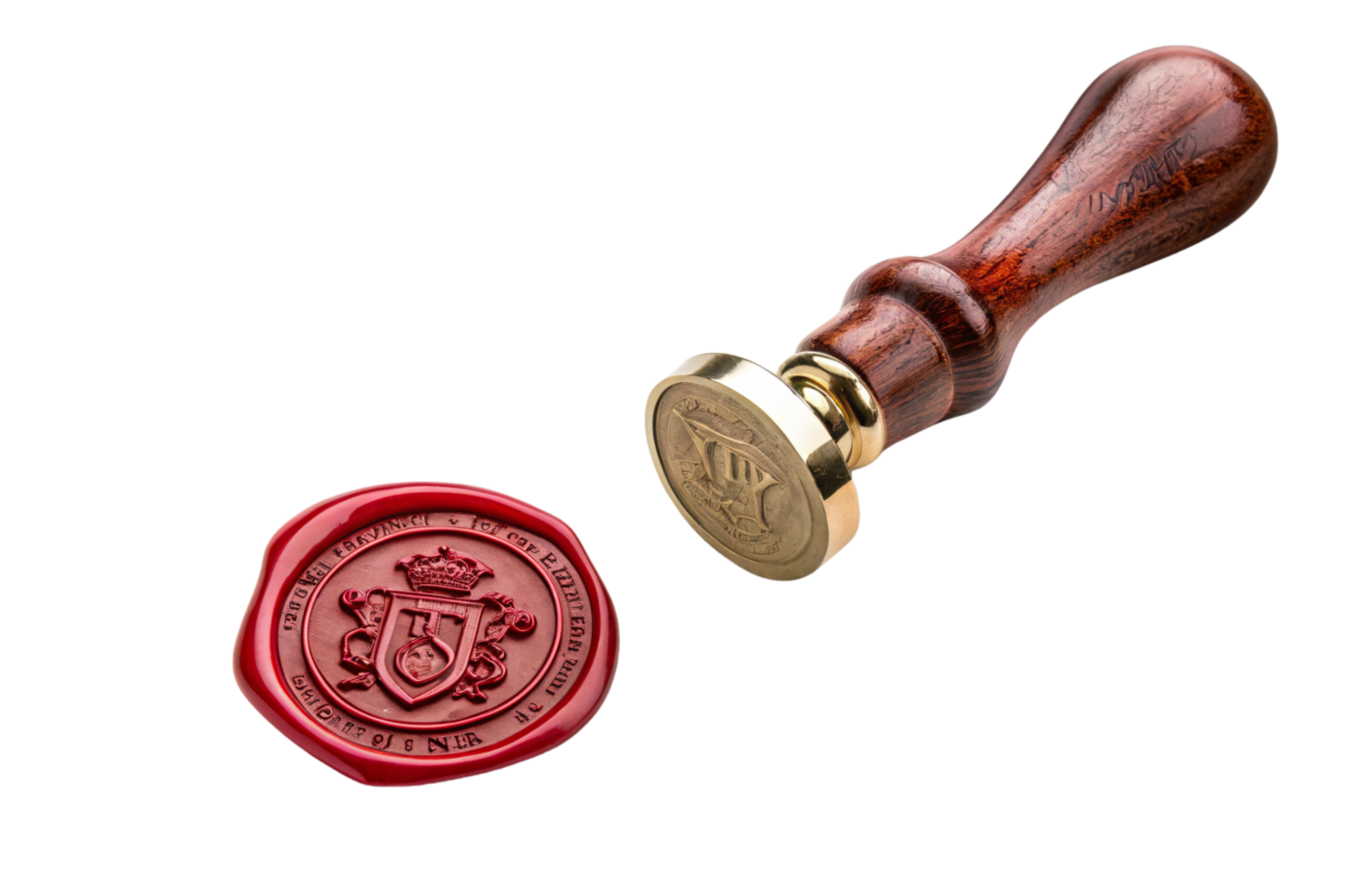 Red wax seal embossed with a crowned emblem, next to a brass stamp with a wooden handle, symbolizing tradition and authenticity png