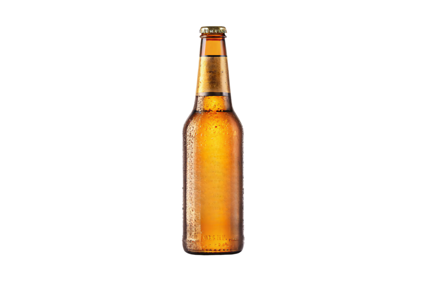 An amber beer bottle, adorned with condensation droplets, golden cap, and reflective highlights, symbolizing freshness and quality png
