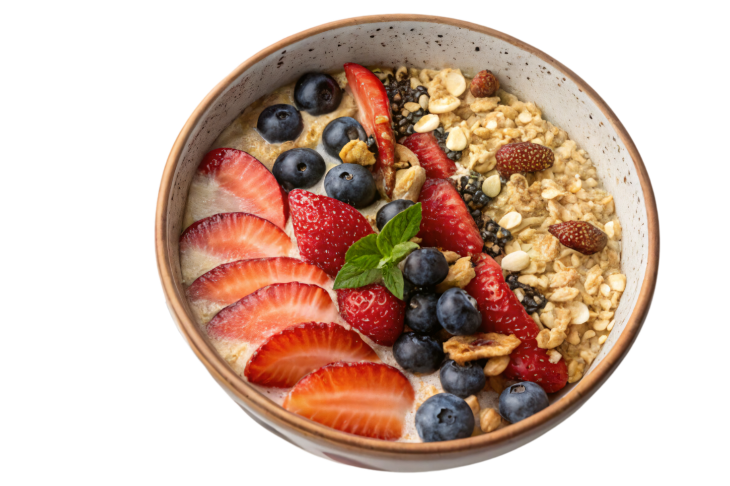 A rustic bowl with granola, sliced strawberries, blueberries, mint, and a drizzle of honey for a nutritious and aesthetic breakfast png