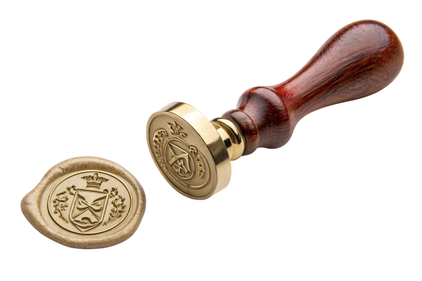 A gold wax seal featuring a royal crest, paired with a polished brass stamp and wooden handle, emphasizing luxury and timeless craftsmanship png