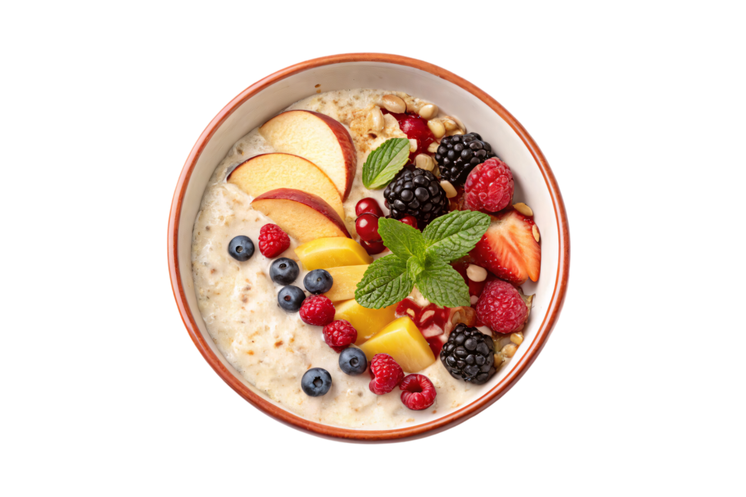 A vibrant mix of fresh fruits and grains in a tropical-inspired bowl, featuring layers of sweet, tart, and crunchy textures png