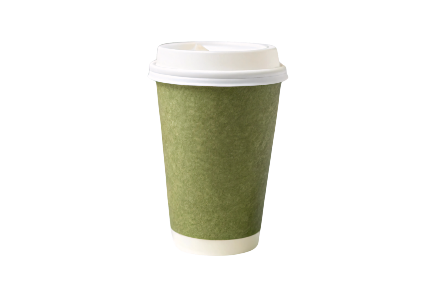 A muted green disposable cup with a matte texture, crowned with a white lid, evoking simplicity and sustainability png