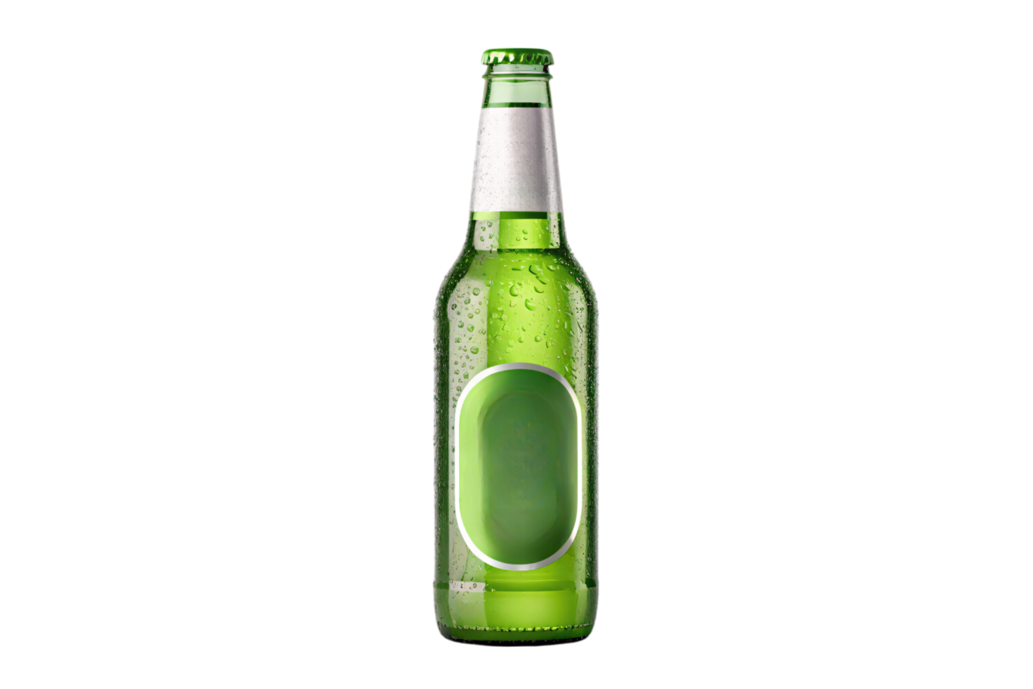 A green glass beer bottle with a blank label, condensation droplets, and a silver neckband png