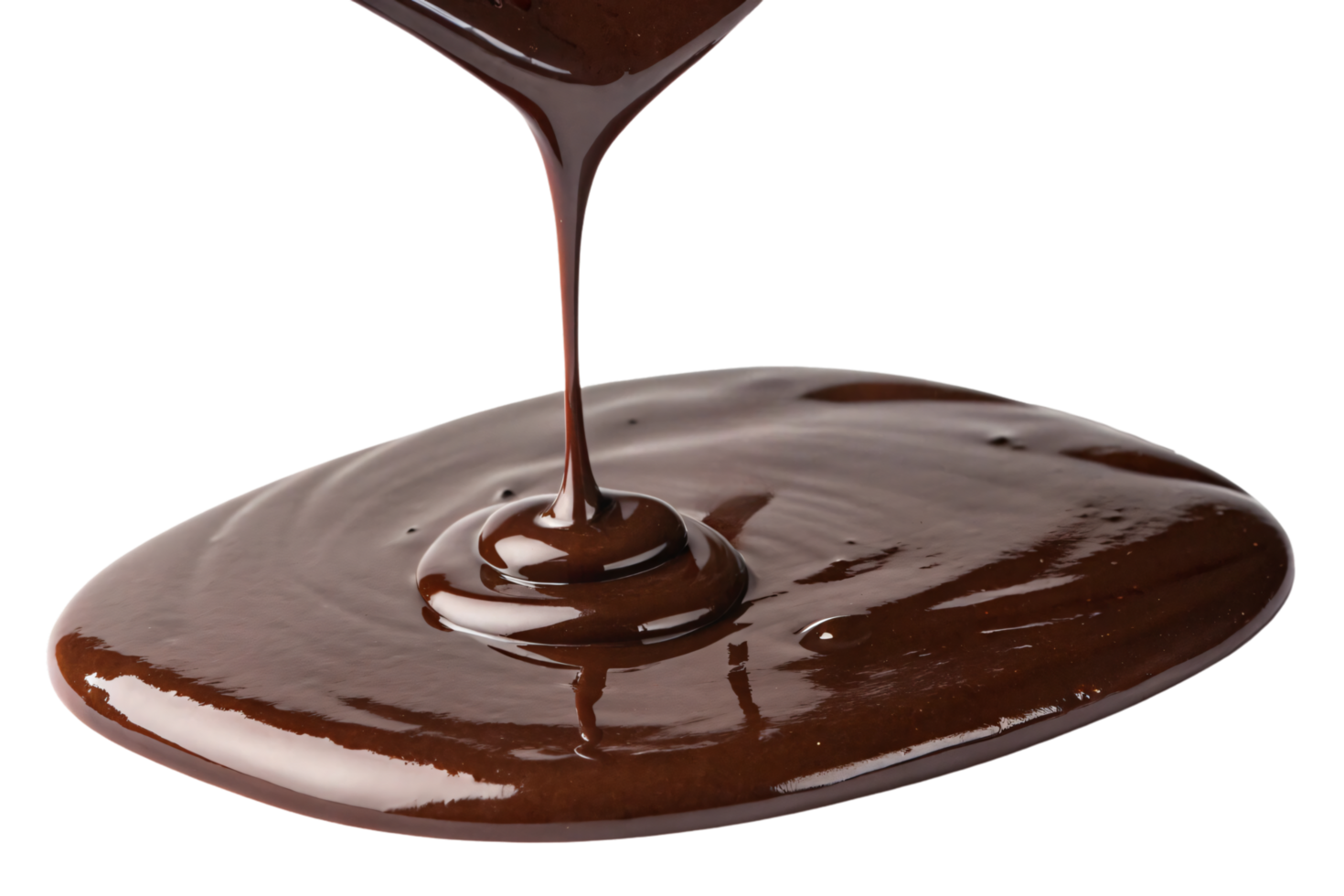 Glossy melted chocolate gracefully pouring and pooling, creating tantalizing ripples and capturing its rich, velvety texture png