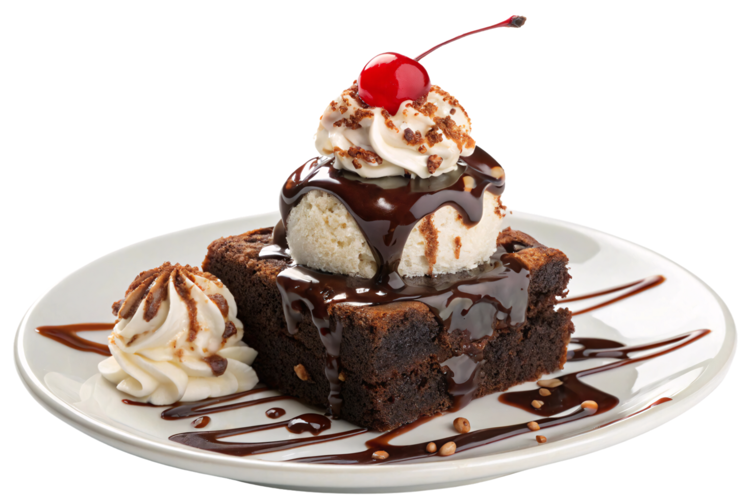 A fudgy brownie topped with vanilla ice cream, whipped cream, chocolate syrup, and a cherry, creating a decadent dessert on a pristine white plate png