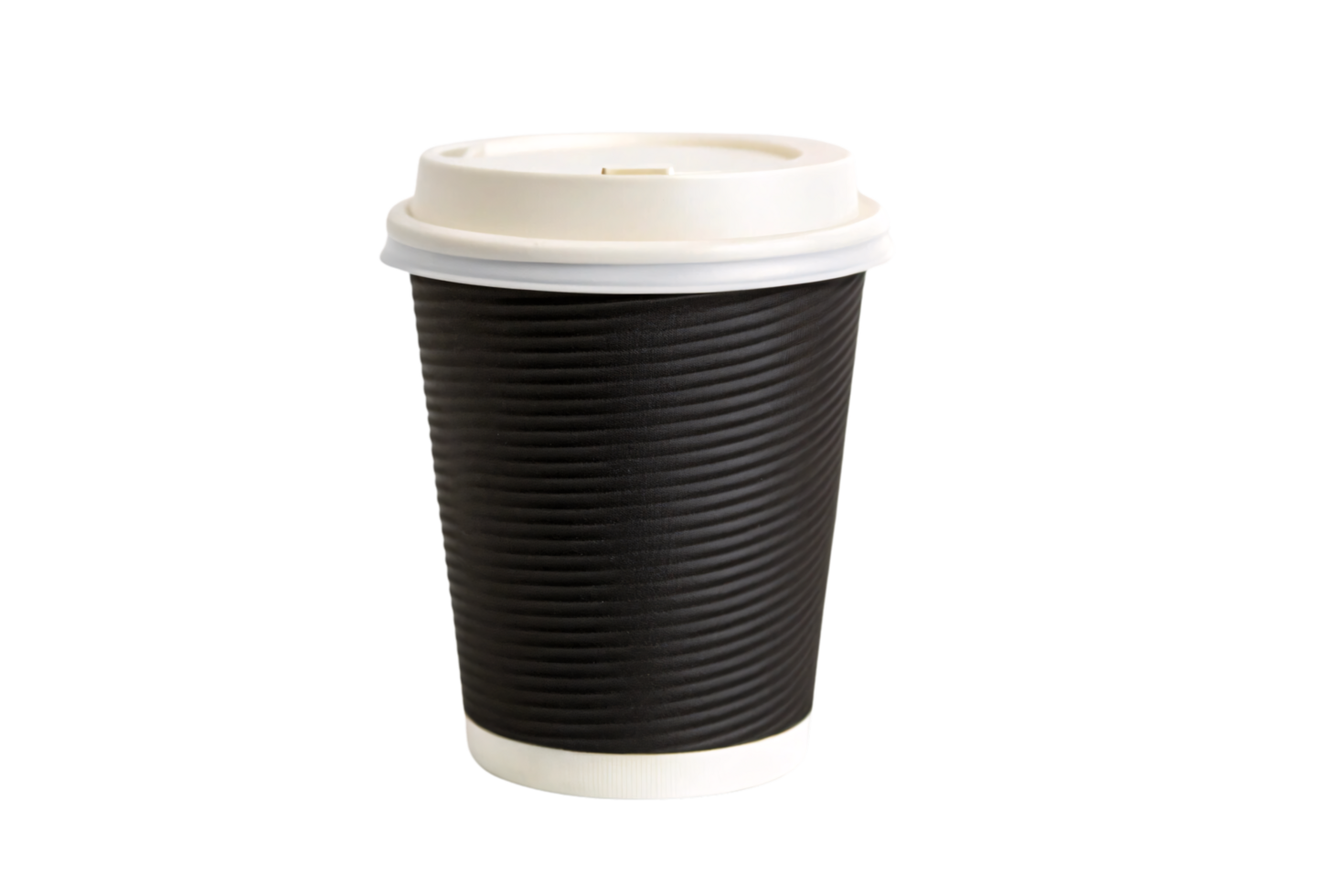 A sleek black disposable cup with textured ripples and a white lid, offering a modern and practical design for hot beverages png