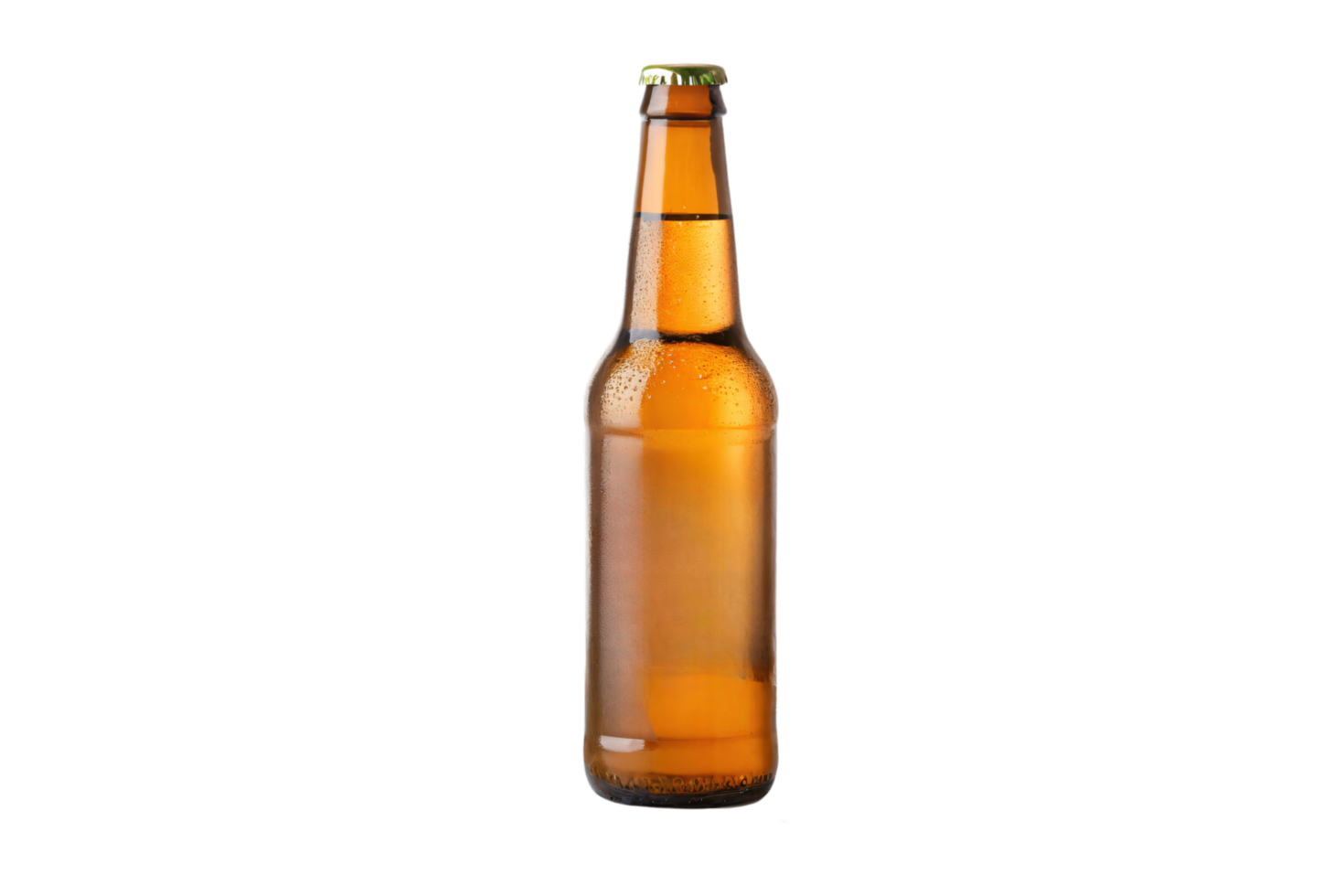 A classic amber glass bottle, slightly frosted with condensation, topped with a golden cap, evoking chilled refreshment png
