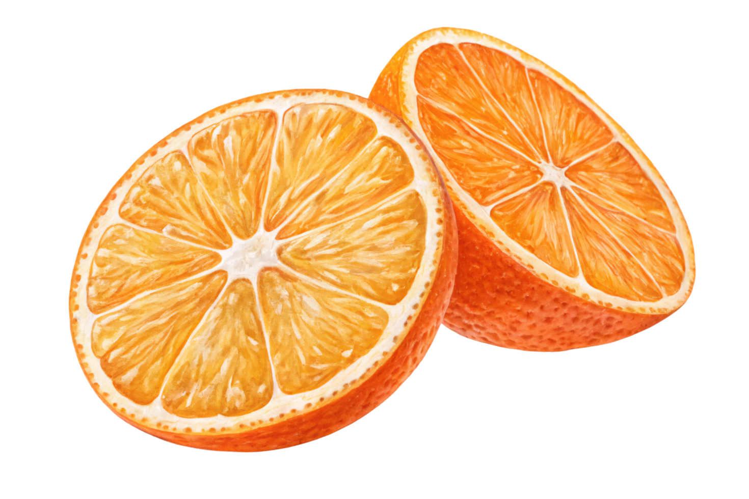 An illustration of an orange halved, similar to the second image. The focus remains on the bright flesh and detailed peel texture png