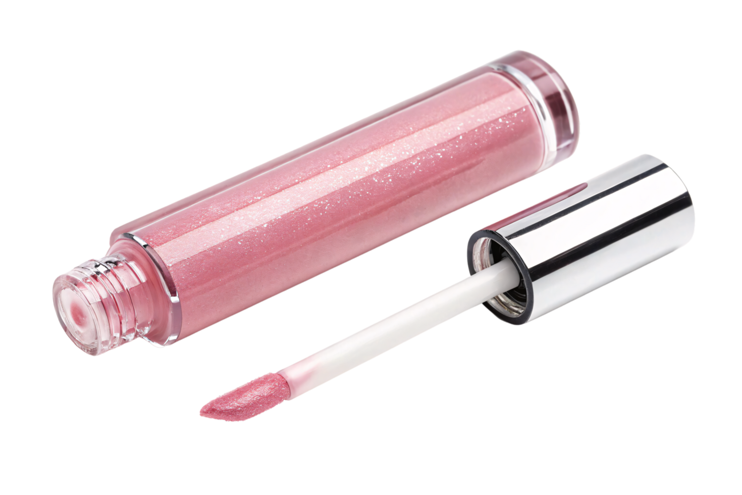 A sleek pink gloss tube with glittery pigment and a silver cap, featuring an applicator wand for smooth application png