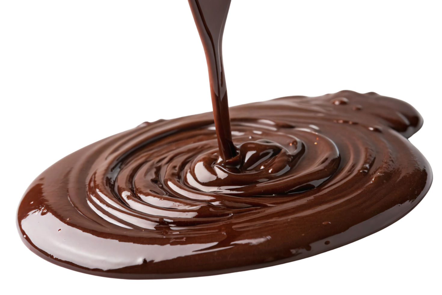 A stream of glossy melted chocolate pouring onto a surface, creating smooth, shiny swirls with a rich, indulgent texture png
