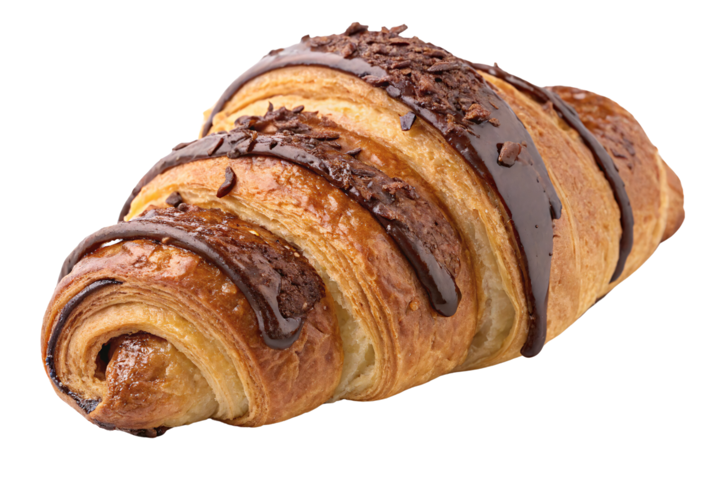 A perfectly baked croissant layered with chocolate drizzle and cocoa shavings, exuding indulgence and decadence with its flaky texture and sweet filling png