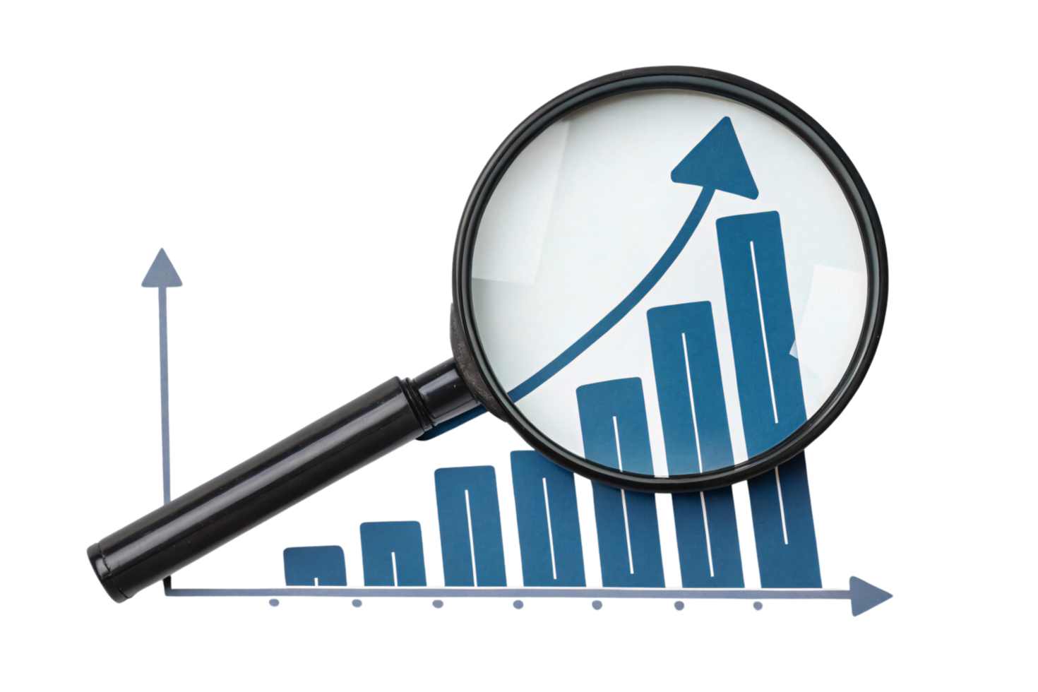 A realistic magnifying glass focused on a 3D blue bar chart with an arrow pointing upwards, suggesting progress or success png