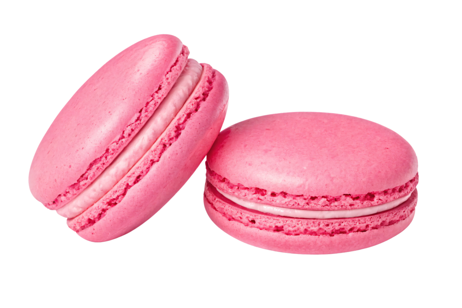 Two vibrant pink macarons with delicate, smooth shells and creamy filling, showcasing an appetizing, pastel dessert png