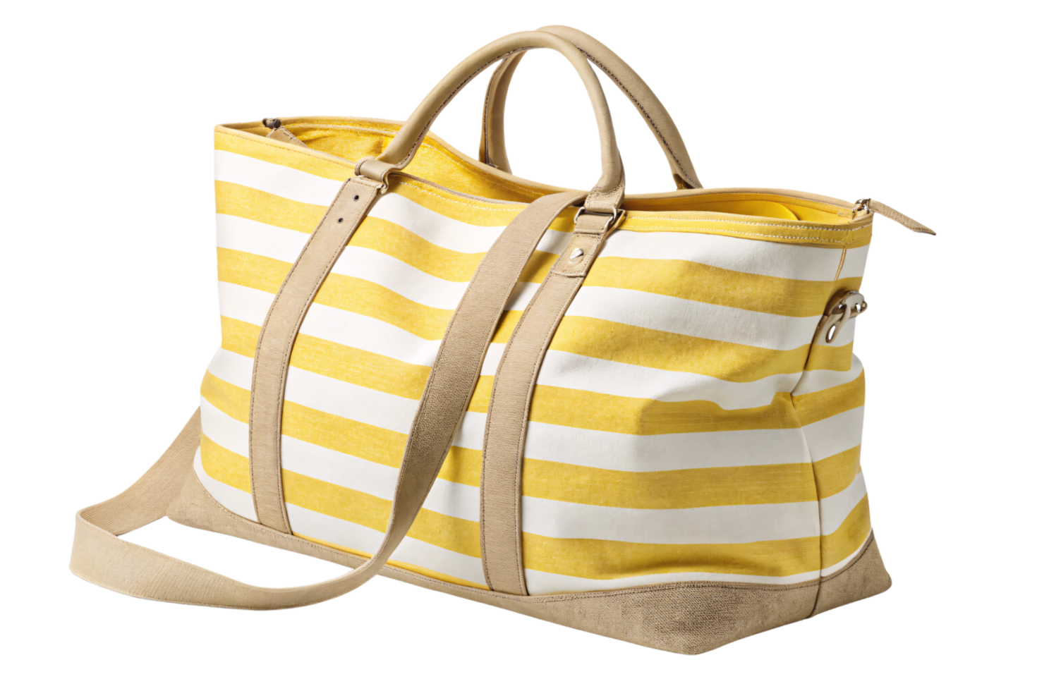 A large travel bag with yellow and white stripes. Includes sturdy beige leather handles and an adjustable strap. Ideal for weekend getaways and stylish travel png