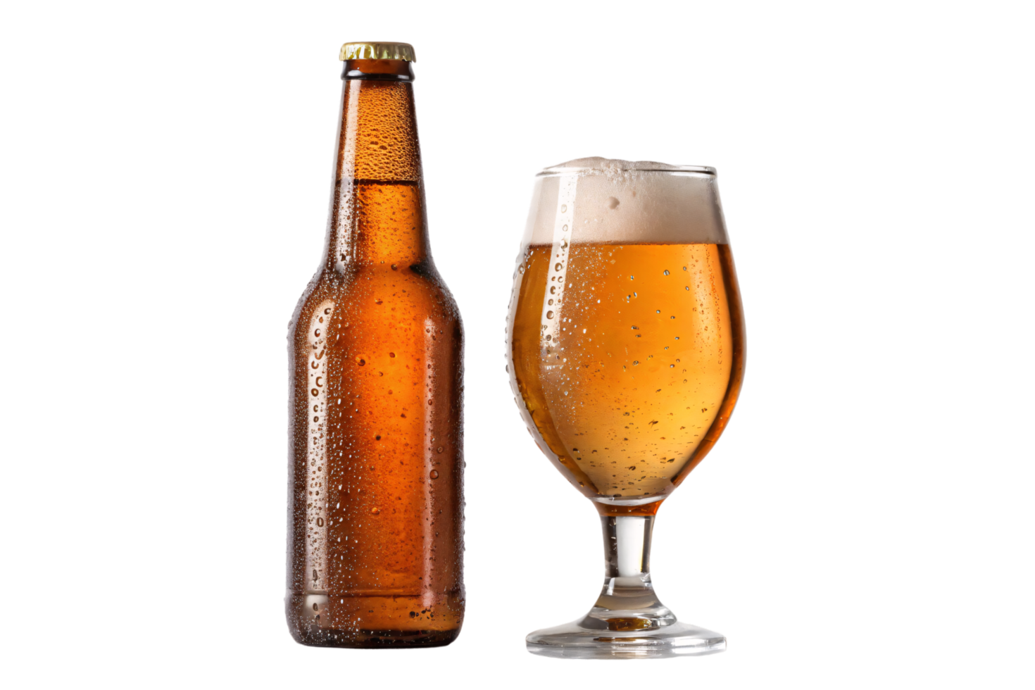 A chilled amber beer bottle alongside a filled beer glass with frothy foam, creating a crisp and refreshing presentation png