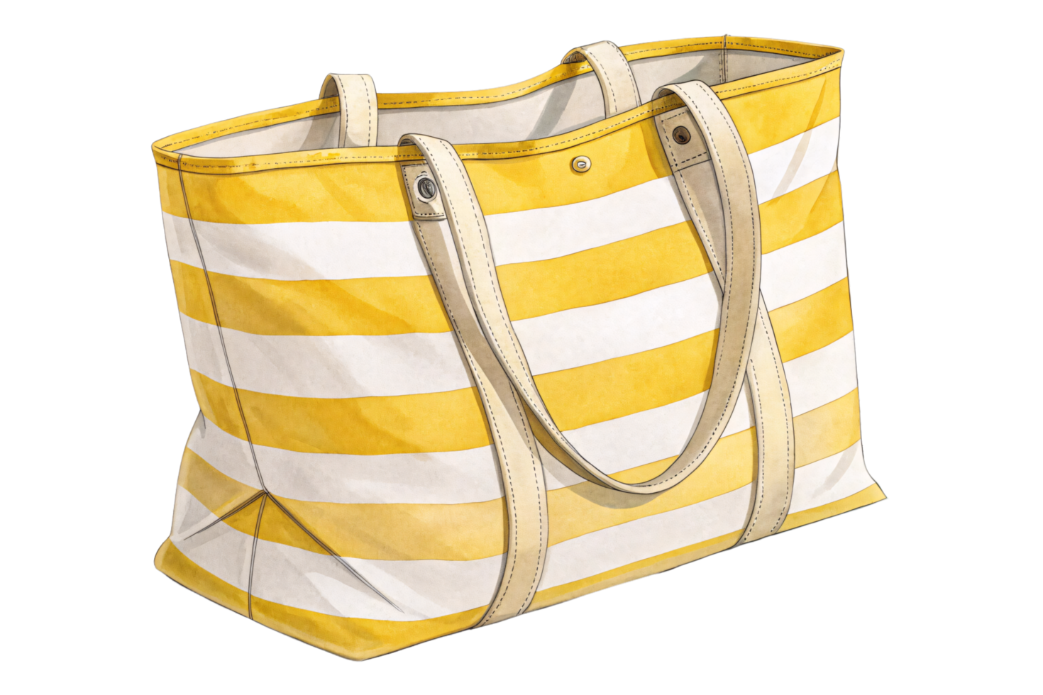 A tote bag with yellow and white horizontal stripes. Features beige leather straps and minimalist stitching. Bright and cheerful, perfect for summer outings png