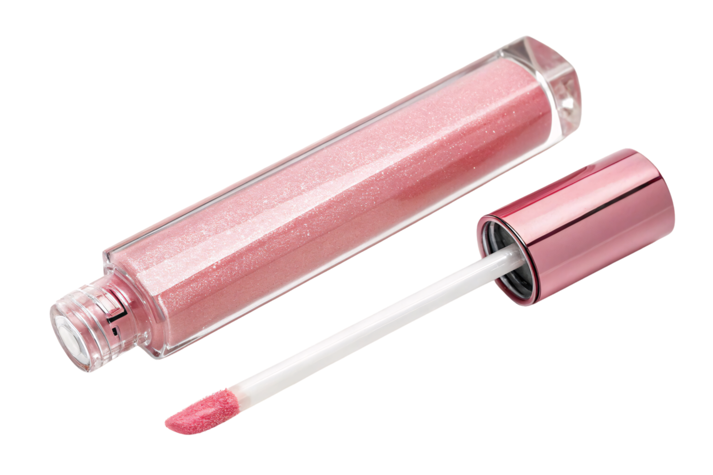 A clear tube of sparkling pink lip gloss with a metallic pink cap, paired with a precise applicator wand coated in shimmering gloss png