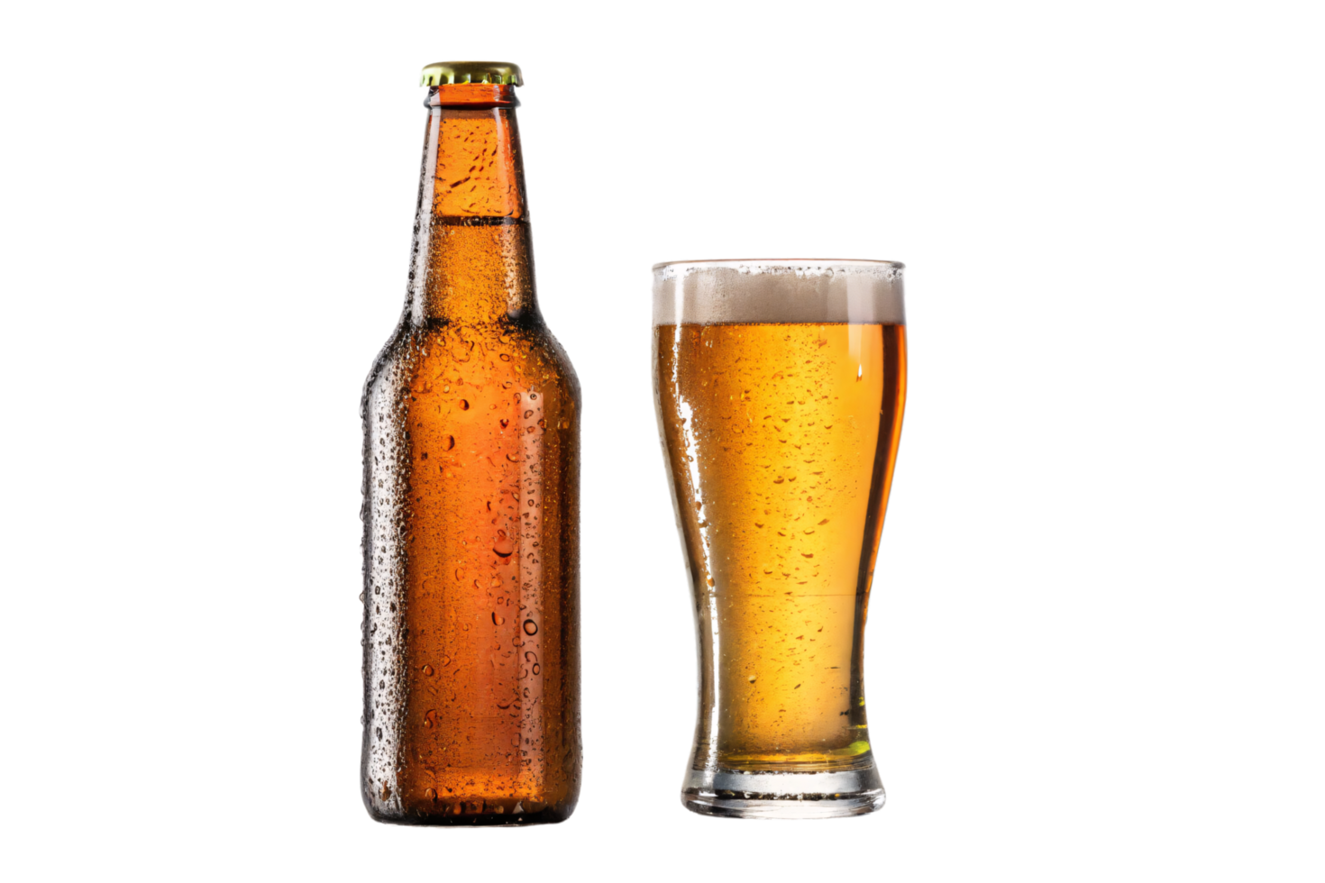 A chilled amber beer bottle and a glass of golden beer, frothy and vibrant, representing a lively beverage scene png