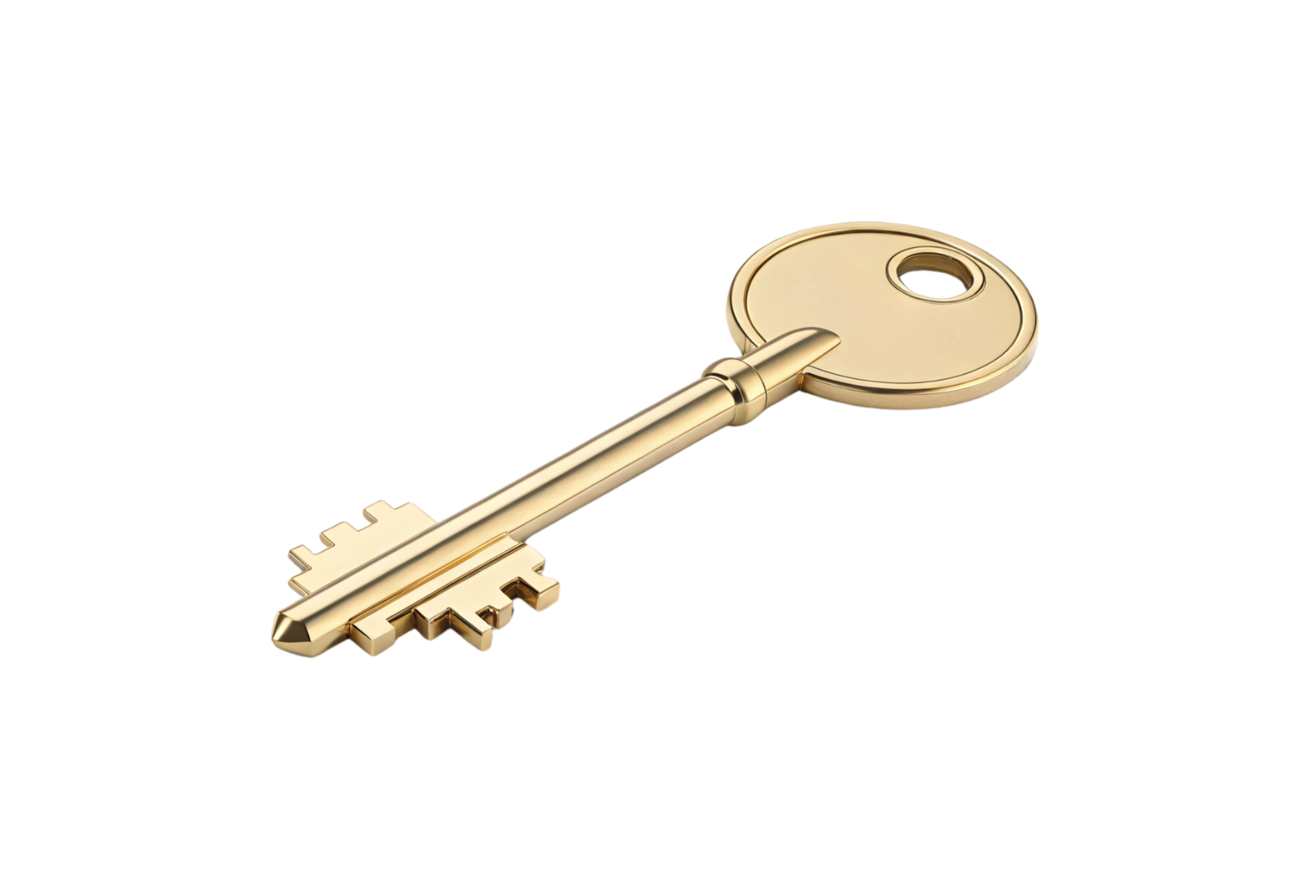 A polished gold key with a circular head and intricate grooves. Its simple yet elegant design exudes modern luxury and precision craftsmanship png