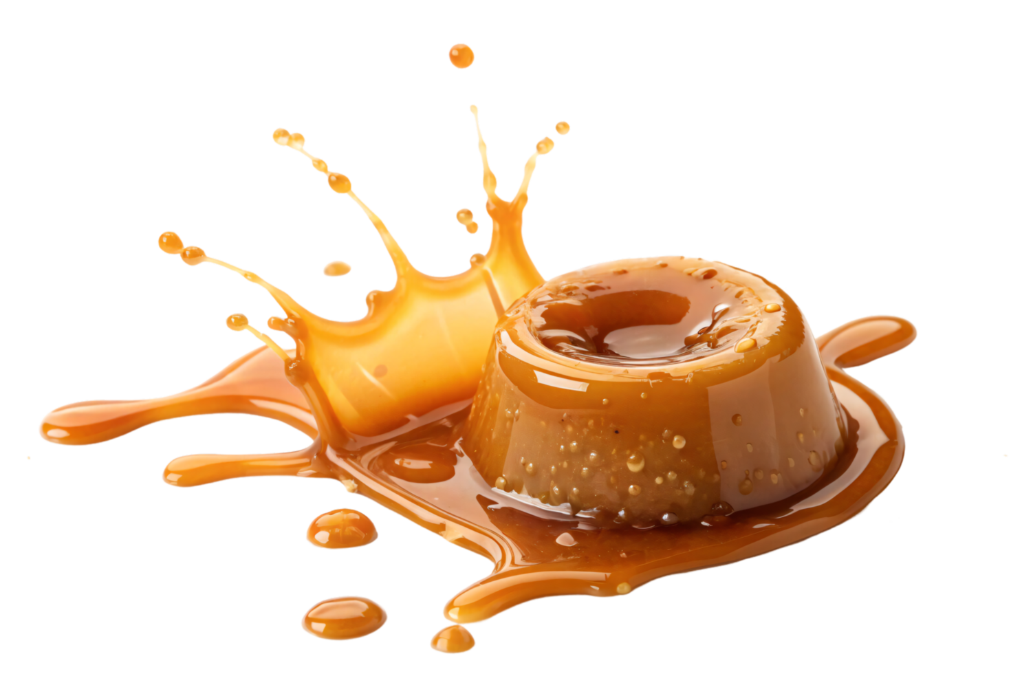 A vibrant caramel pudding splashing dramatically, with rich golden hues and glossy texture, creating an appetizing and dynamic visual png