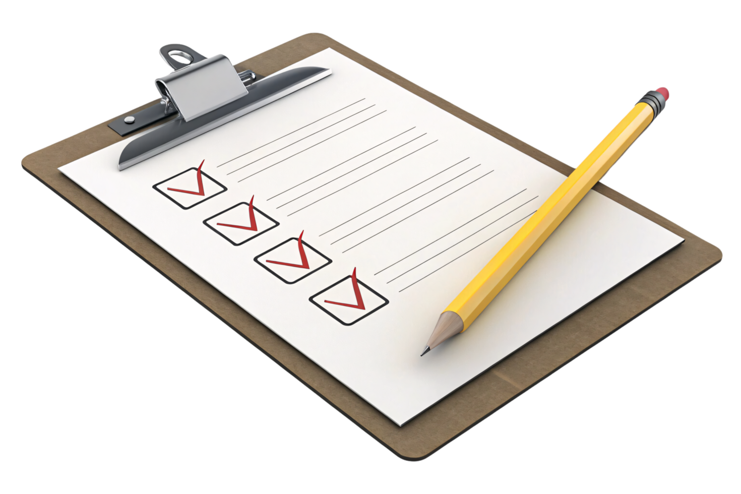 Sleek clipboard with metallic clips and a checklist showing red checkmarks, with a yellow pencil lying at an angle for emphasis png