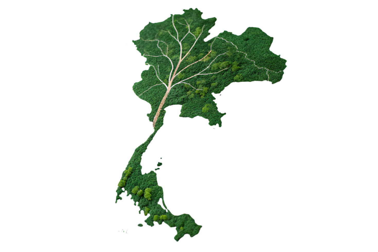 A map of Thailand with a branching tree-like pattern, symbolizing the country's natural rivers, forests, and the interconnectedness of its ecosystems png