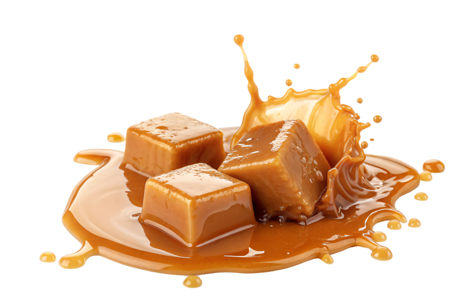Caramel cubes drizzled with glossy caramel sauce, creating a rich, indulgent visual of smooth textures and golden hues png