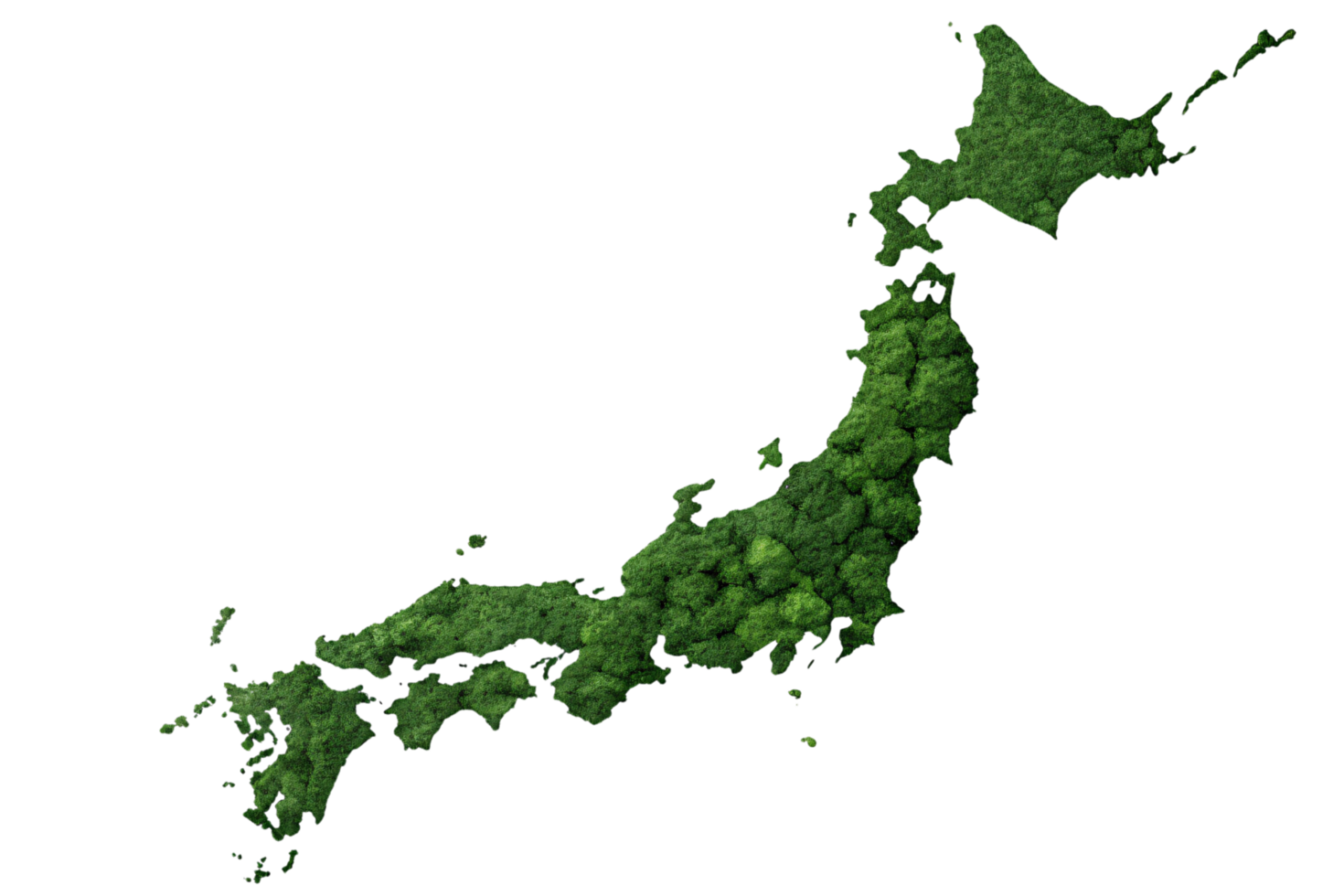 A map of Japan with vibrant green vegetation, depicting the island nation's rich biodiversity and densely forested mountain regions png