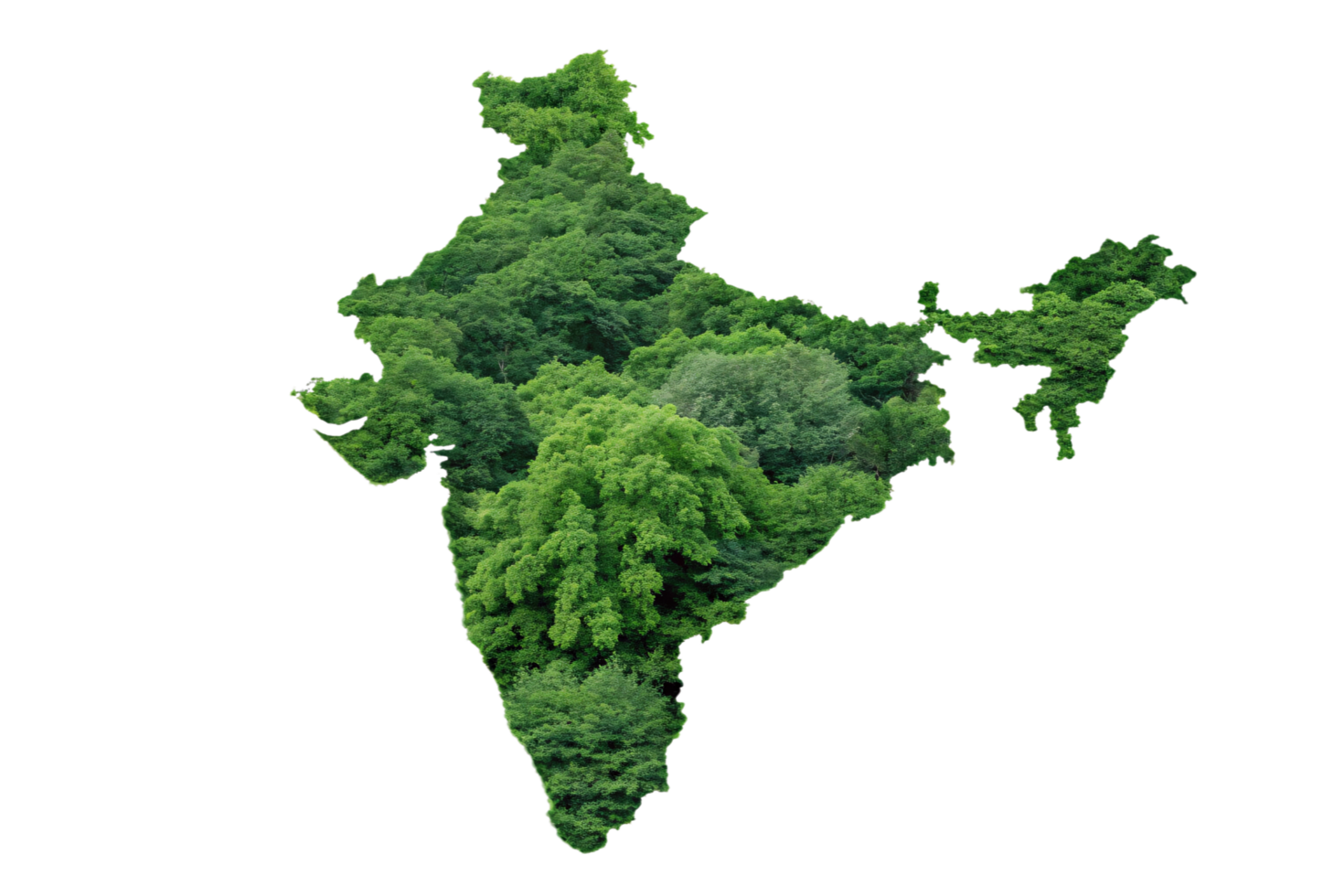 A map of India covered with vivid greenery, representing dense forests and ecological diversity, highlighting the country's green environment png