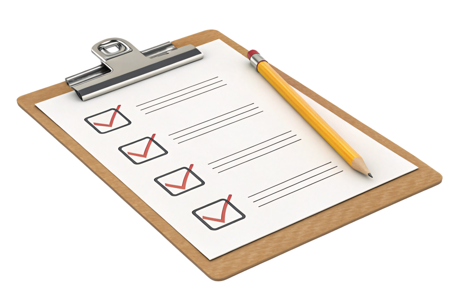 Wooden clipboard featuring a checklist with red ticks, accompanied by a yellow pencil positioned diagonally over the sheet for an organized look png
