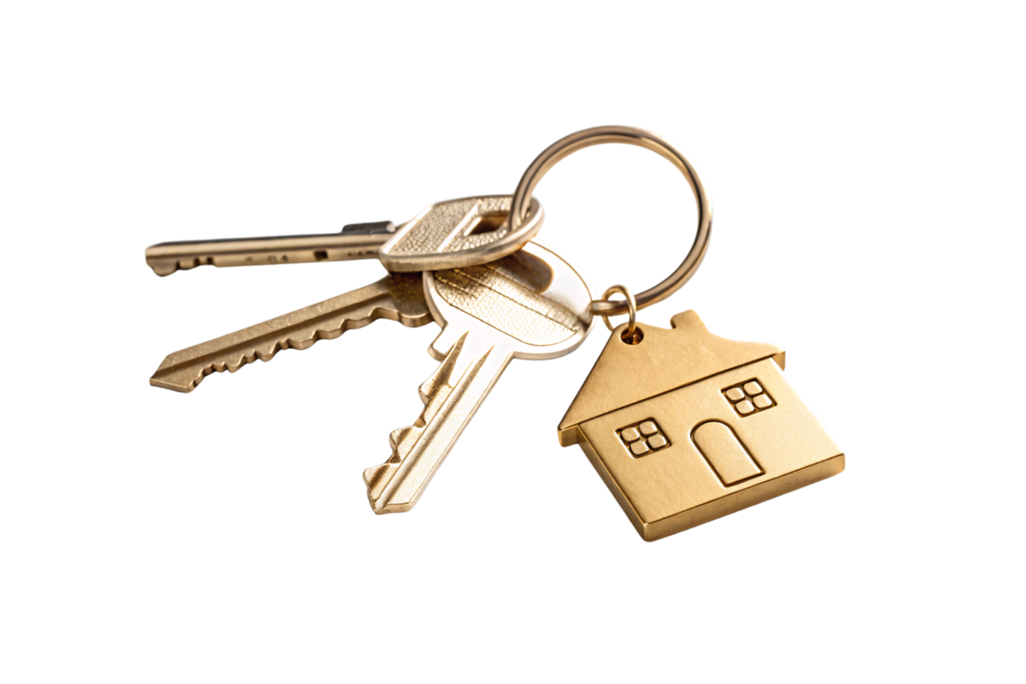 A keyring featuring metallic keys and a golden house-shaped charm, highlighting simplicity and focus on home-related symbolism png