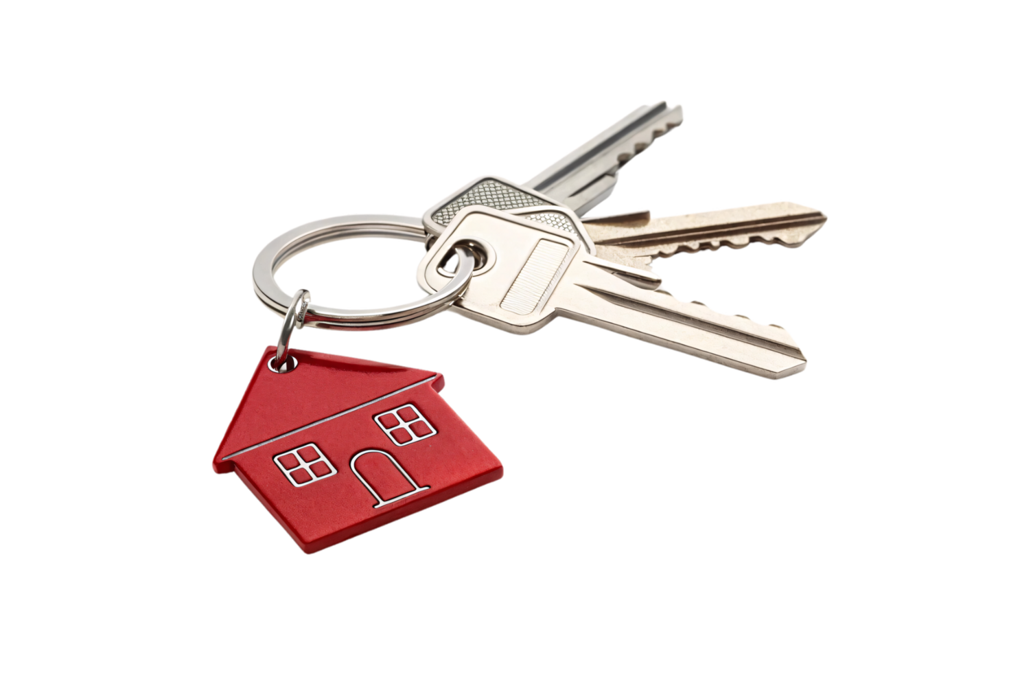 A keyring with metallic keys and a red house-shaped charm, symbolizing homeownership or property access with a vibrant touch png