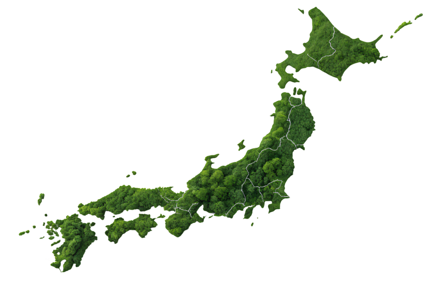 A map of Japan, showcasing clear regional divisions with lush greenery filling the areas, reflecting the nation's forested landscapes and environmental awareness png