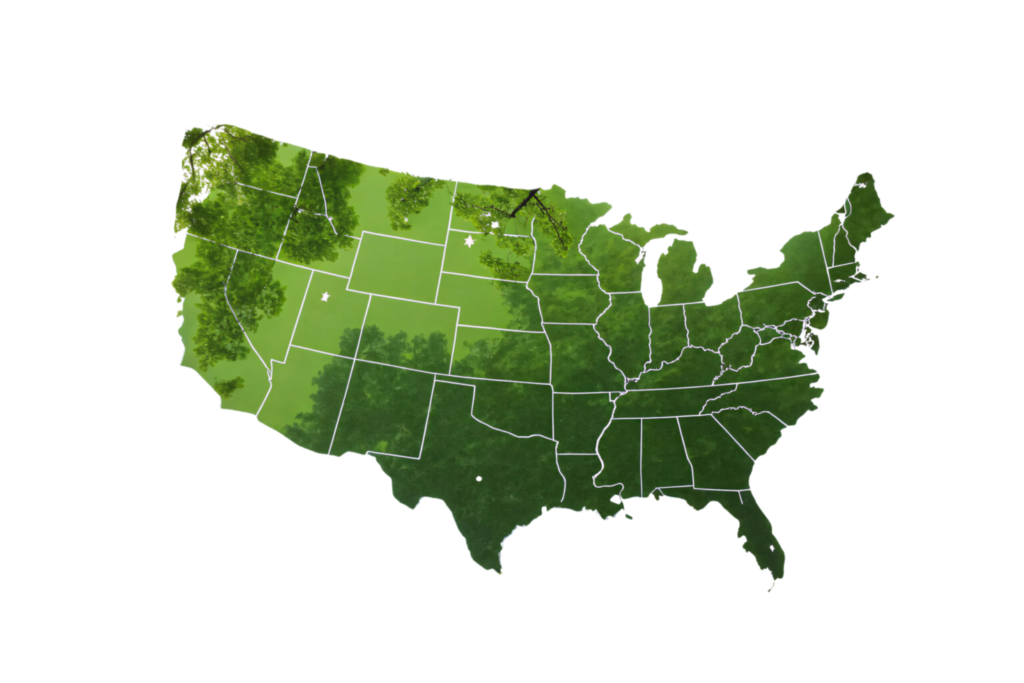 A map of the United States shaded in varying green tones, with transparent tree silhouettes symbolizing environmental preservation and ecological diversity png