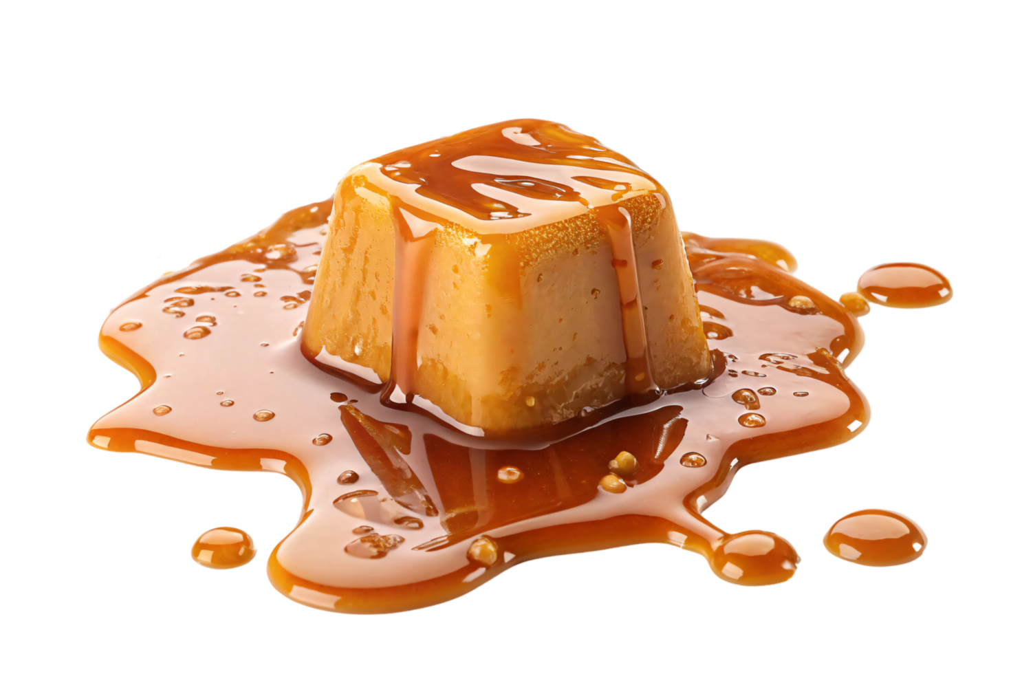 A single caramel flan drenched in glossy caramel sauce, with rich tones and creamy textures, exuding indulgence and flavor png