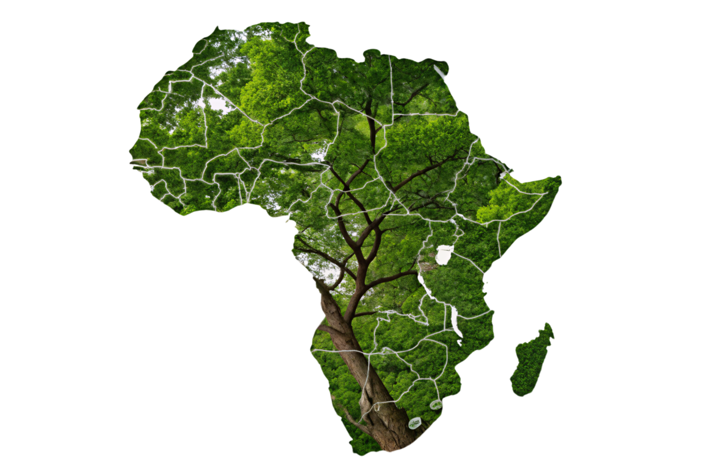 A silhouette of Africa filled with lush green foliage and white outlines of countries, symbolizing environmental richness and unity png