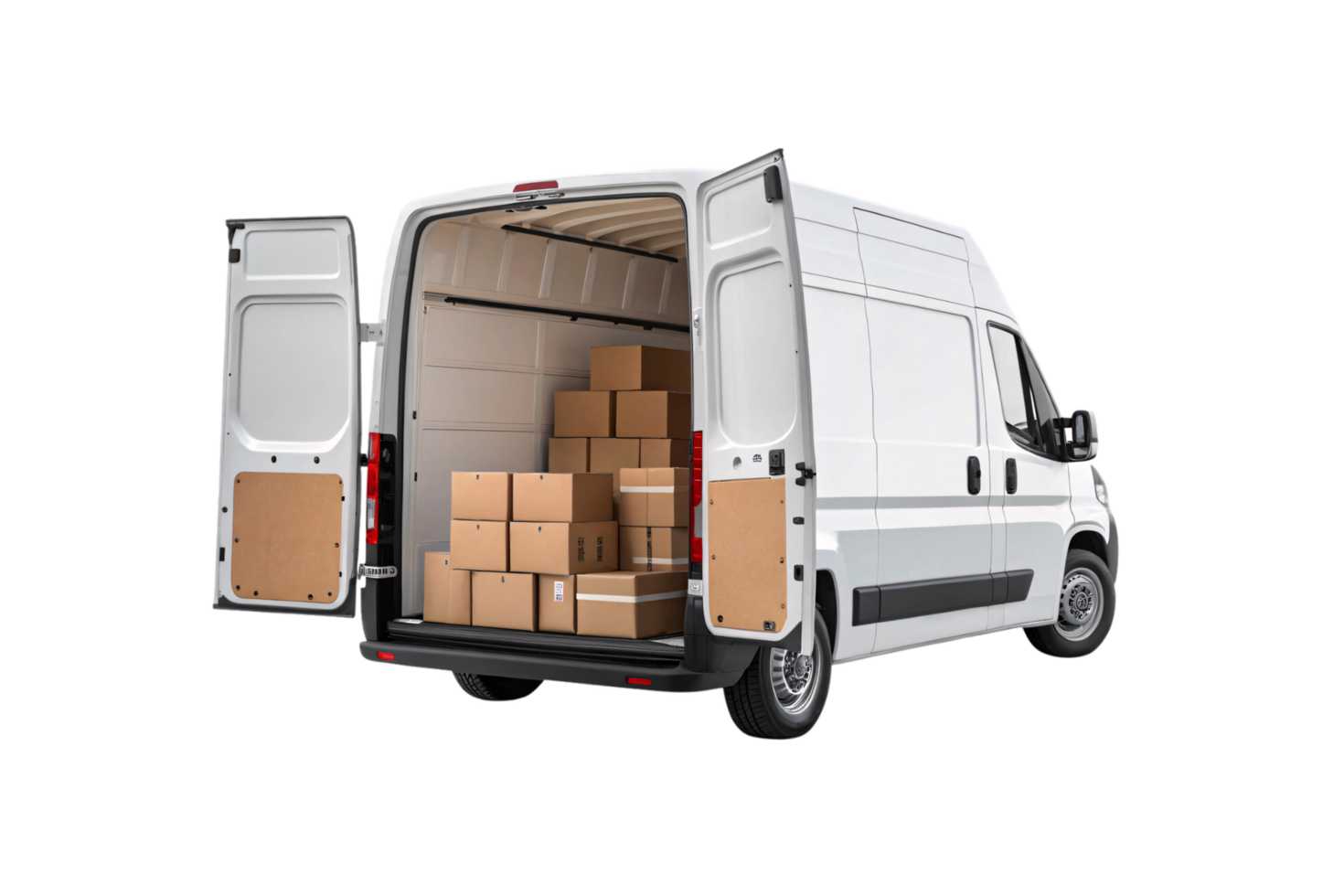A high-roof white van's cargo section, displaying an arrangement of boxes varying in size, demonstrating versatility in packing capabilities png