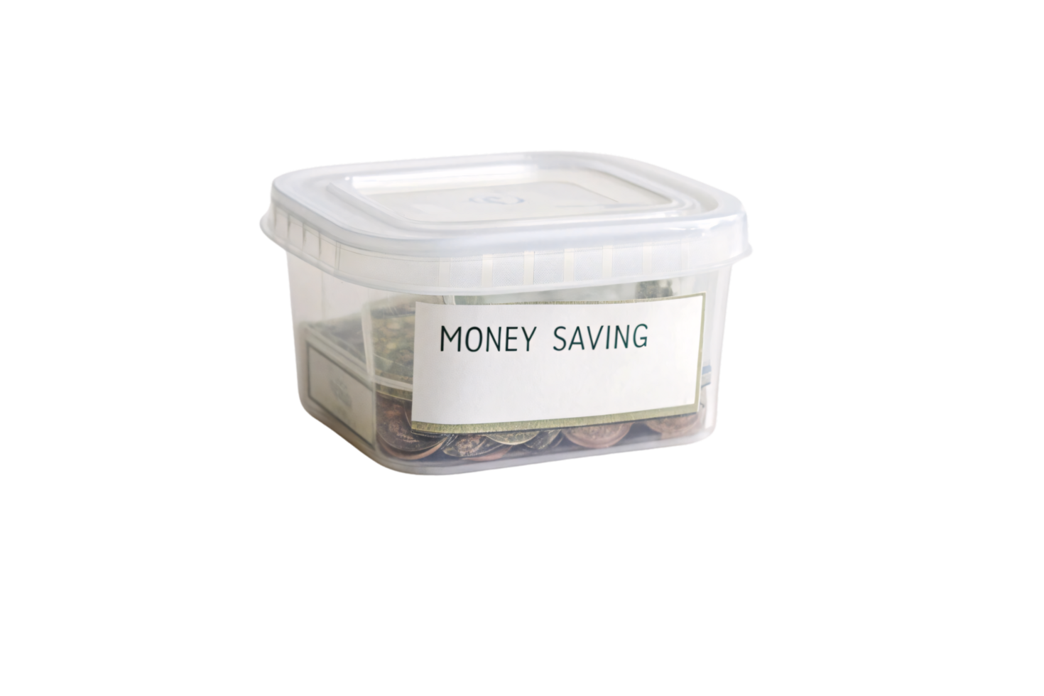 A transparent plastic container labeled MONEY SAVING filled with coins and bills, representing budgeting and financial planning png