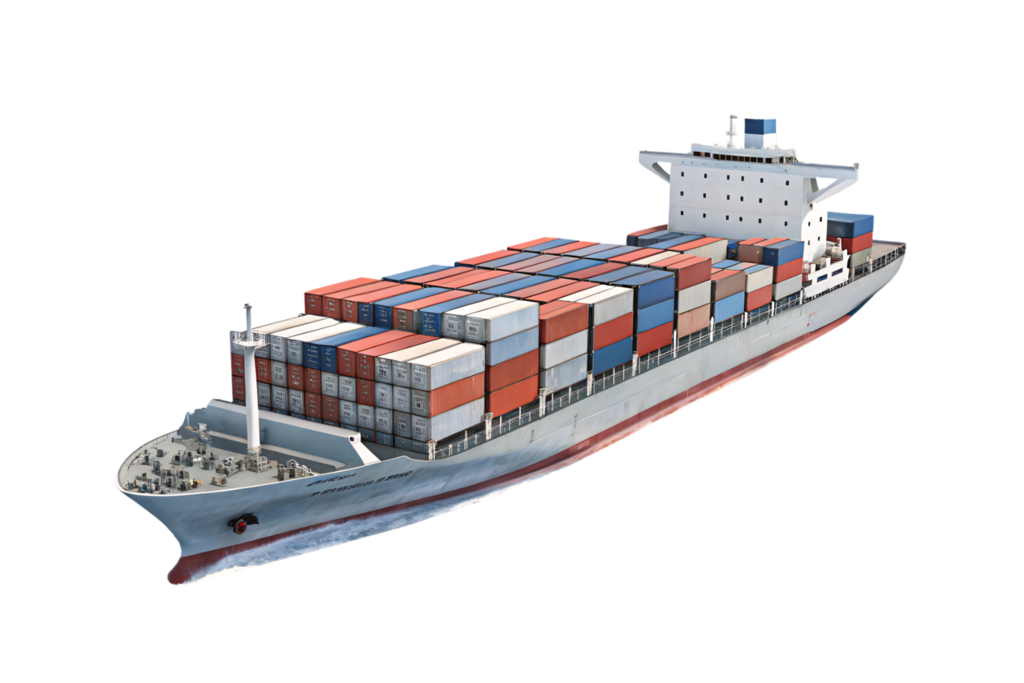 A large cargo ship carrying multicolored containers, sailing steadily, representing global trade and maritime logistics png
