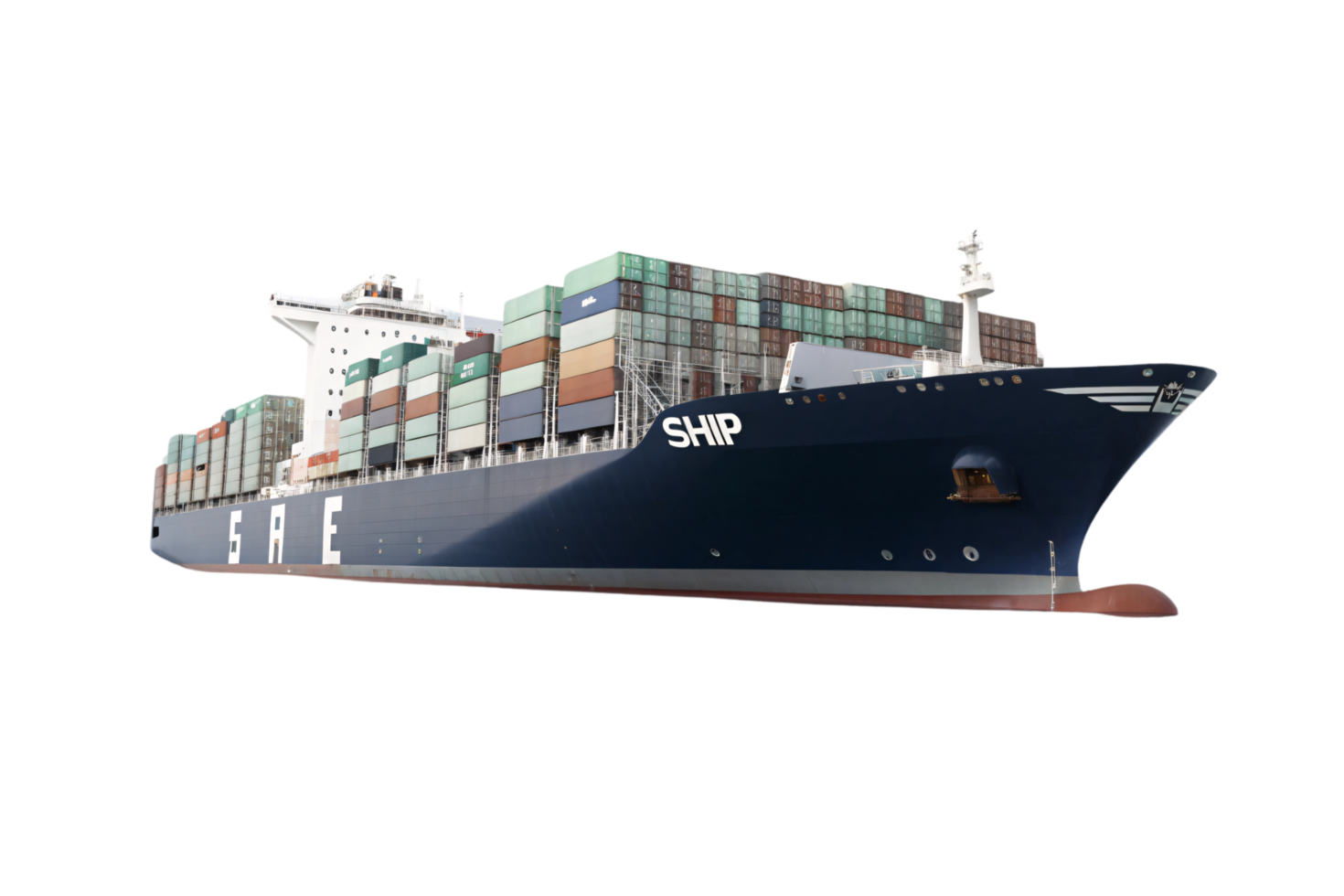 A modern sleek container ship labeled SHIP, carrying an organized arrangement of cargo, representing efficient maritime transportation png