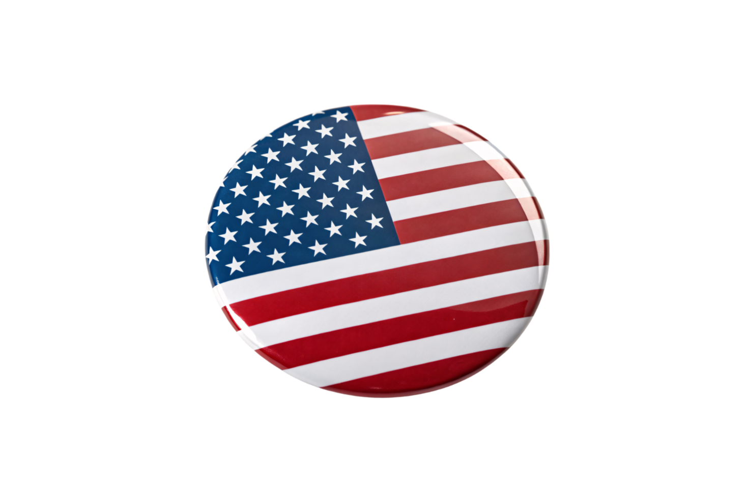 A slightly angled perspective of a shiny badge with the U.S. flag, highlighting the stars and stripes in striking detail png