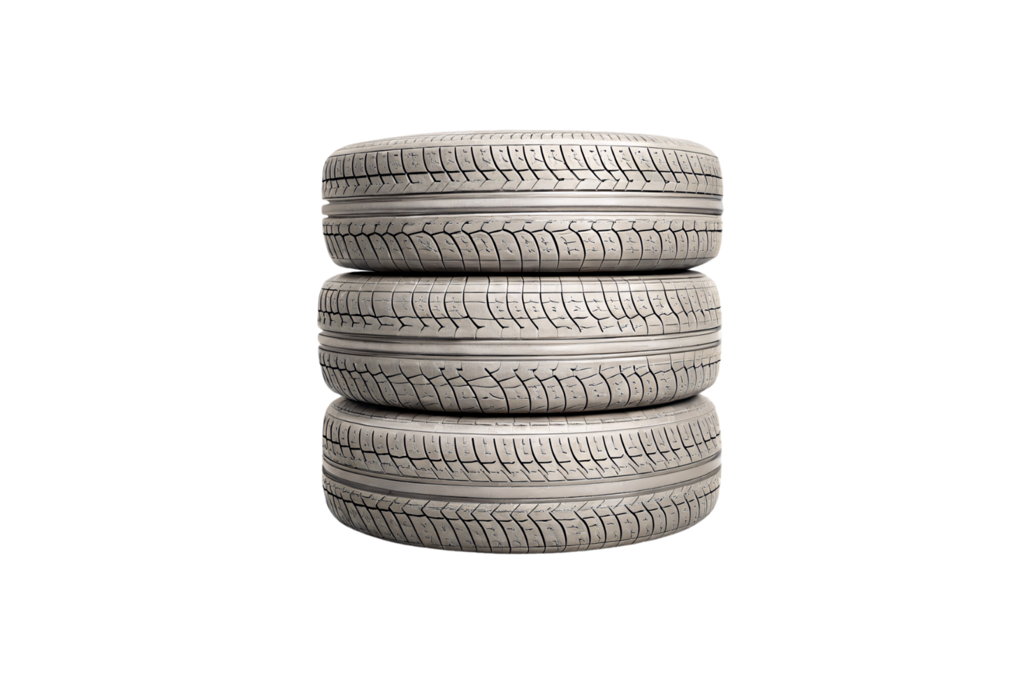 A stack of three new tires, clean and detailed, highlighting uniform tread patterns png