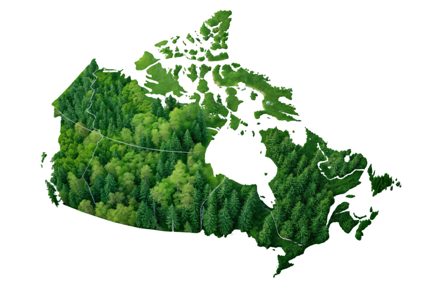 A map of Canada creatively filled with evergreen forests, showcasing the vastness and natural beauty of the country png