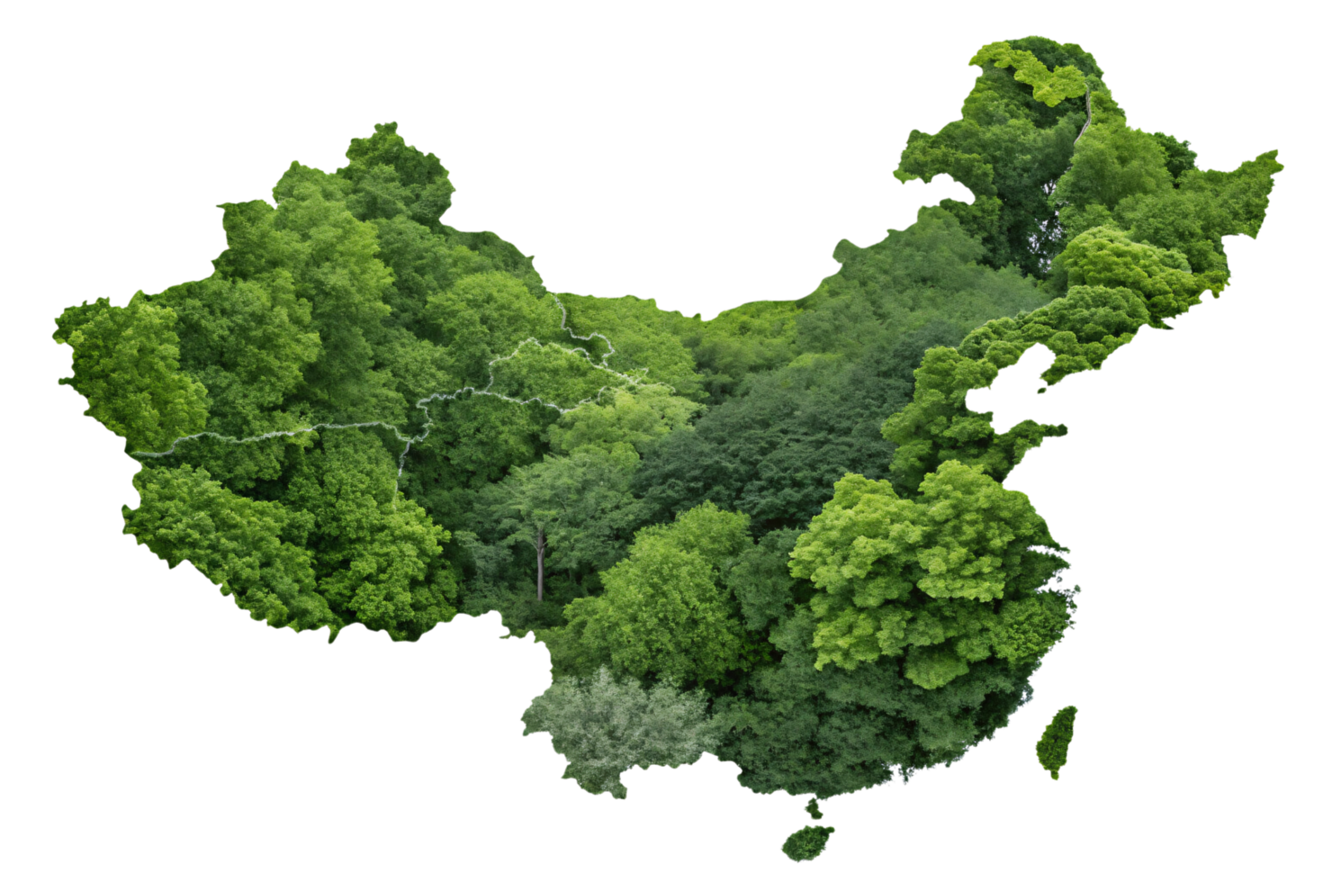 A map of China overlaid with vibrant, dense forests, representing the country's diverse vegetation and expansive green landscapes across its vast geography png