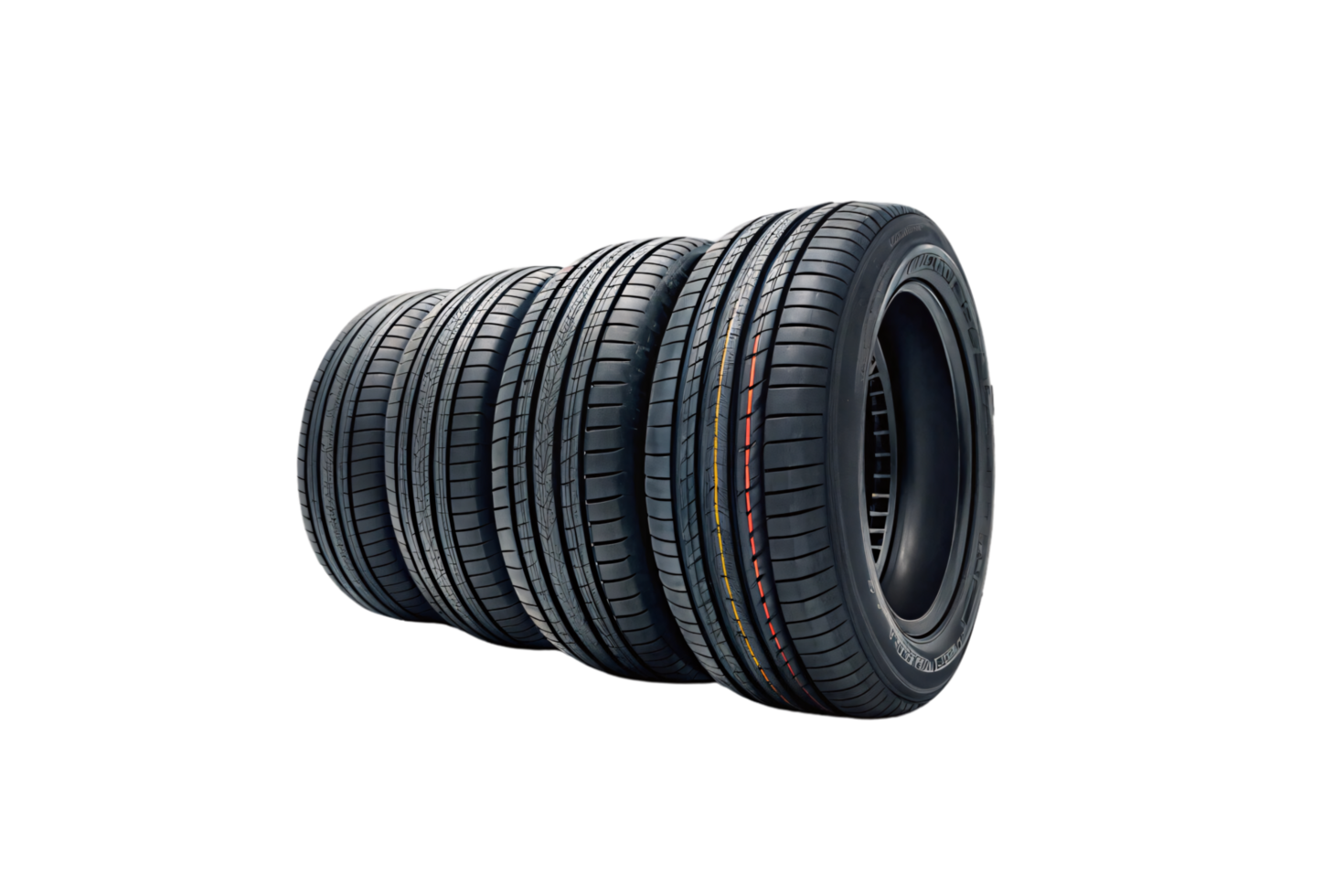 Four tires aligned in a diagonal row, revealing their sidewalls and multi-groove tread designs. Subtle color lines on one add visual interest png