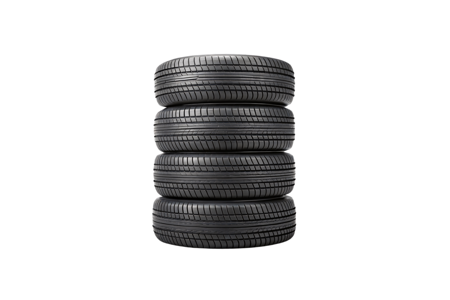 A vertical stack of four car tires with defined tread patterns, showcasing reliability, durability, and suitability for different terrains png