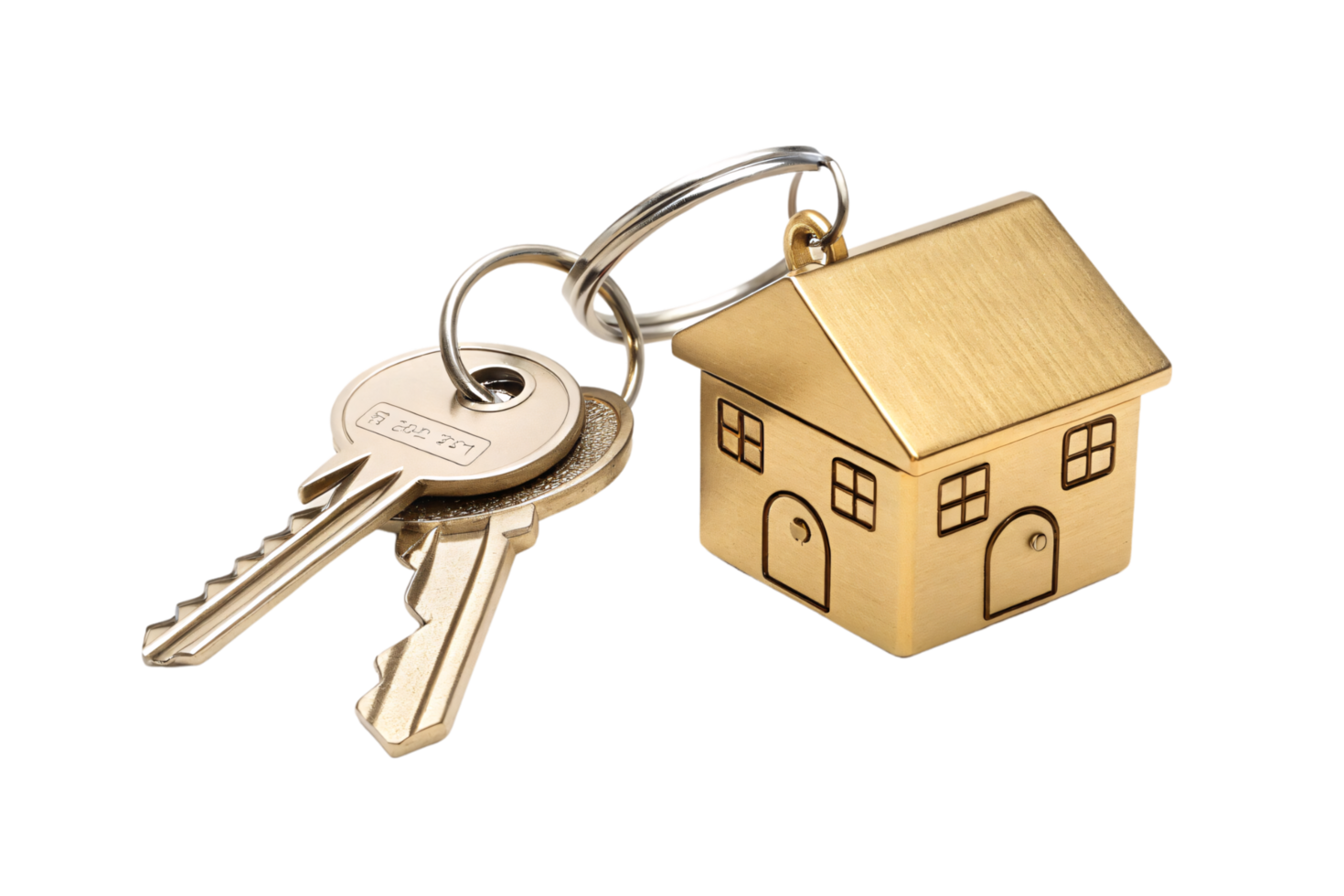 Two modern metallic keys on a ring alongside a golden house-shaped keychain, representing homeownership or security png