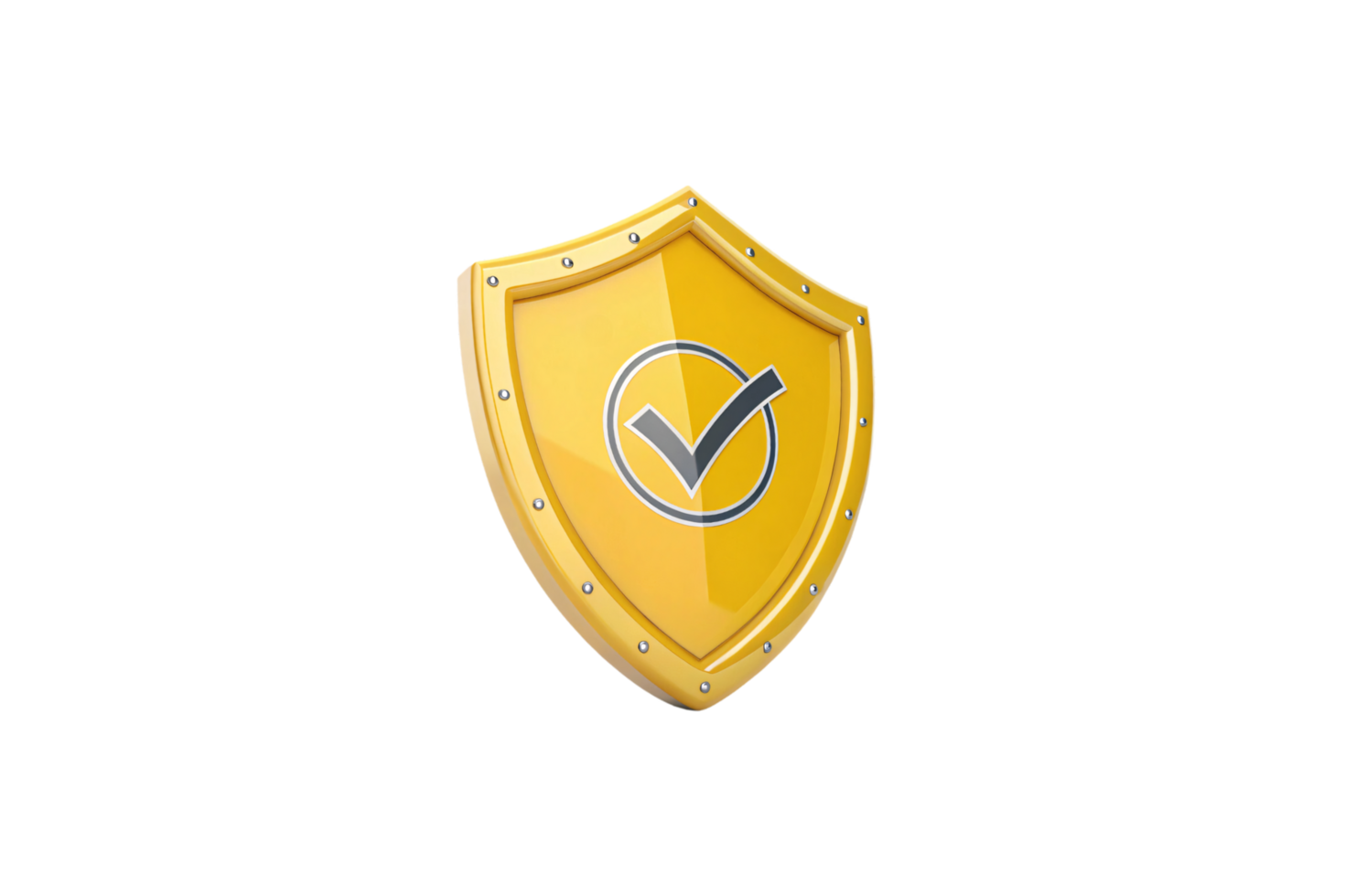 A gold shield outlined with silver, a blue checkmark within, symbolizing reliability, security, and achievement in a sleek, futuristic style png