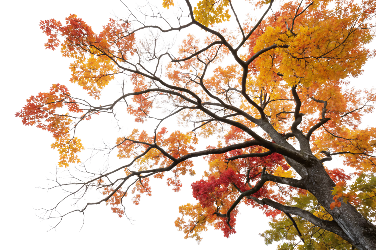 A close-up of a tree crown with fiery red and orange leaves, capturing the vibrancy of autumn against the starkness of its branches png